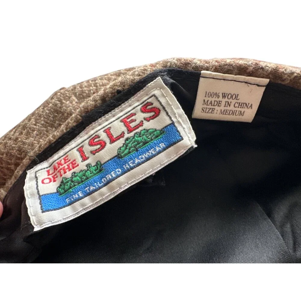 Wool Newsboy Cap Flat Brown Checked Lined Snap Vintage Lake Of The Isles Medium